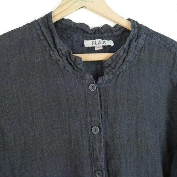 FLAX Small Dress Tunic Button Down Long Sleeve Black Linen Lagenlook Lagom - Picture 3 of 10